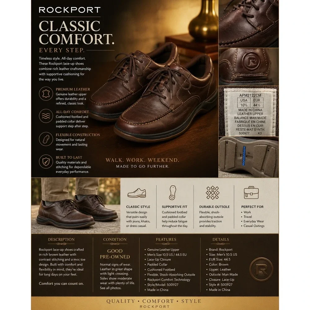Rockport Men's 10.5 Brown Leather Moc Toe Lace Up Walking Comfort Shoes